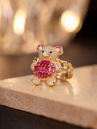 1pc Cute Sparkling Animal Bear Cartoon Bear Pendant Ring - Exquisite Animal Jewelry - For Girls - Perfect Gift For Friends