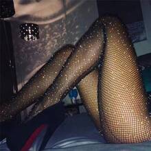 Sexy Lingerie Fishing Net Stockings And Silk Stockings For Women, Black Silk Thin Tight-Fitting Fishing Net Stockings, Vertical Line At The Back, Sexy Hot Rhinestone Mesh Pantyhosefor Club, Night Out, Dates, Shows, Wedding Night – Cheeky Stockings & Tights Lingerie