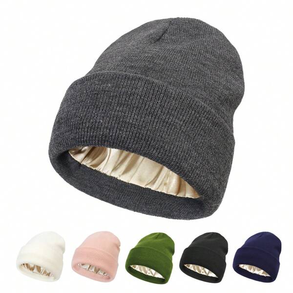 3pcs Satin Lined Knit Beanie Hats, Unisex Knitted Skull Cap With Satin Lining, Solid Color