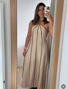 Women's Premium Halter Neck Long Striped Dress With Tie H-13 - Màu be - Xem 2