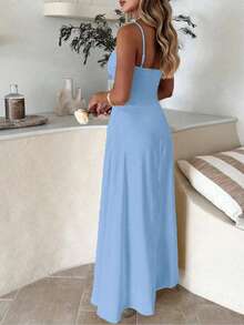 Women's Elegant & Sexy Blue Spaghetti Strap Bowknot Waist A-Line Maxi Dress, Bowknot & Pleated Bust Decor, Suitable For Afternoon Tea, Shopping, Dating, Vacation Or Party Wear, Spring/Summer & All Season Sleeveless Maxi Dress (Recommend Ordering One Size Down)