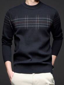 男士厚圆领毛衣，商务休闲提花针织长袖套头衫，适合分层穿着或外套，秋冬