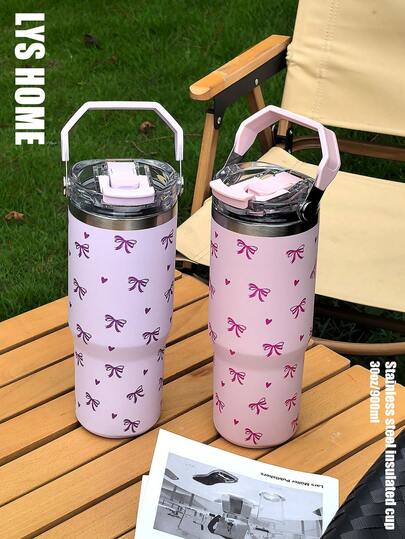 1pc 30oz Ins Style Bow Decor Double Wall Stainless Steel Insulated Tumbler, Flat Bottom Cup, Coffee Cup, Car Cup, Water Bottle, Outdoor Mug, Tea Cup, Vacuum Flask, Drinking Straw Lid Design, Suitable For Outdoor, Office, Home, School, Car, Gym, Travel, Birthday Gift, Holiday Gift, Mother's Day Gift, Father's Day Gift, Back To School, Valentine's Day Gift