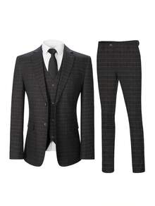 3 Piece Men's Grey Plaid Suits Set Blazer Pants Vest Business Style Slim Fit Suitable For Formal Events Parties Size XS-XXXL Fall Winter Gift Clothes Suits For Men - 灰色 - 查看 3