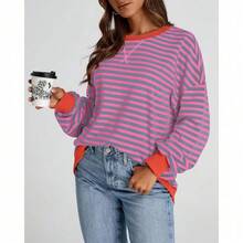 Womens Oversized Striped Sweatshirt Crewneck Long Sleeve Pullover Top Casual Y2K Spring Clothes 2026 Workout Shirt,Vacation Outfits Women,Valentine Outfits For Women,Street Photography - 玫紅色 灰色 藍色 - 查看 7