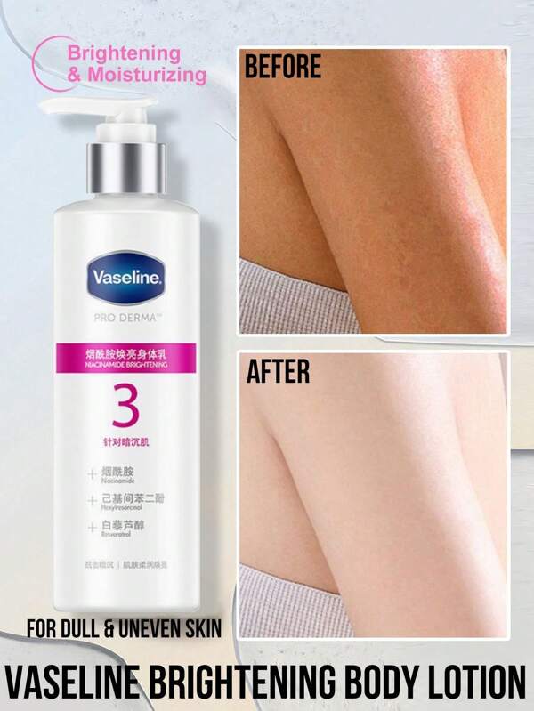 Vaseline Vaseline Niacinamide Brightening Body Lotion,Skin Brightening,Improve Dullness,Even Skin Tone, Vaseline Essence,Radiant Glow,Enhance Brightness,Long-Lasting Hydration,Skin Repair,Niacinamide + Hexylresorcinol + Resveratrol , Multi-Functional,Daily Skincare,Body Care, Suitable For Dark Skin Individuals,Pursue Glow.