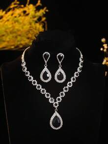 復古宮廷閃爍水晶鑽石項鍊耳環套裝，婚禮派對珠寶3合1 - 銀色 - 查看 3