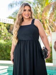 Vestido plus size Iris longo de alça  Simples    elegante  Casual    Tecido    Bainha com babado    Casamento  Noite  Festa de aniversário  Namorando    verão - Preto - Visão 3