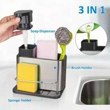1pc Kitchen Sink Soap Dispenser, 3-In-1 Kitchen Sink Sponge Holder, Stainless Steel Kitchen Sink Organizer Tray, Draining Rack, Tabletop, Stainless Steel Cutlery Cleaning Brush, Kitchen Dish Drying Rack, Storage Shelf - Silver - View 4