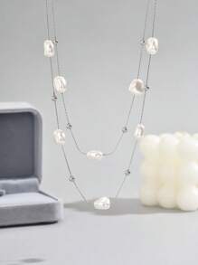 Colar de aço inoxidável com pérolas de dupla camada, 1 peça, adequado para roupas diárias femininas e presentes