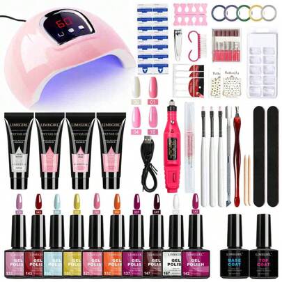 Limegirl 50pcs Gel Nail Polish Set, Includes UV Lamp Starter Kit And Nail Drill, 10 Colors Gel Polish, 4 Colors Extension Gel, 2 Bottles Base And Top Coat, Rhinestone Nail Art Kit, Gift For Women