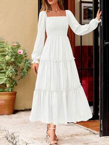 Women Elegant  Maxi Dresses For Fall Boho Long Sleeve Smocked A Line Ruffle  Wedding Guest Holiday Party Long Dress With Pockets New Years Valentine Vacation Spring Dresses For Women Vestidos Elegantes De Mujer - 白色 - 查看 5