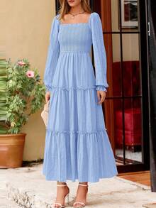 PRETTYGARDEN Women Elegant  Maxi Dresses For Fall Boho Long Sleeve Smocked A Line Ruffle  Wedding Guest Holiday Party Long Dress With Pockets New Years Valentine Vacation Spring Dresses For Women Vestidos Elegantes De Mujer - 淺藍色 - 查看 8