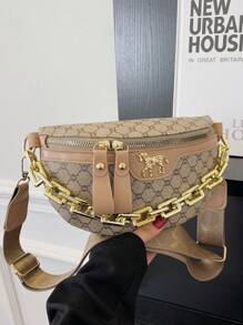 New Fashion Casual Women's Bag, Acrylic Chain Connected Waist Bag, Retro Versatile Crocodile Pattern Chest Bag, Christmas Gift, Christmas Red - Khaki - View 5