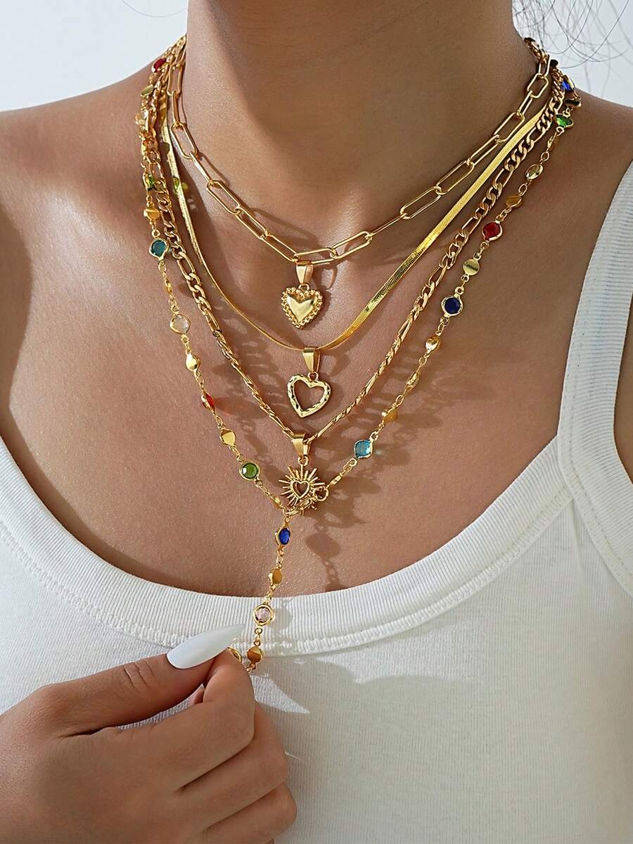 4 件时尚优雅金色心形彩色水钻项链，Y 形多层项链，是度假、约会、派对、生日送给女性的完美礼物