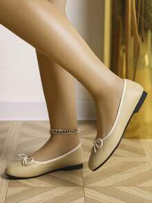 European & American Fashion Solid Color Ballet Bowknot Flat Shoes, Outdoor Spring/Autumn Ladies Flat Slip-On Soft Leather Soft Sole Shoes