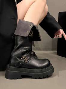 西部风格搭扣假日复古英伦厚跟高筒女靴，2025秋冬新款，修身骑马靴，派对靴 - 黑色 - 查看 8