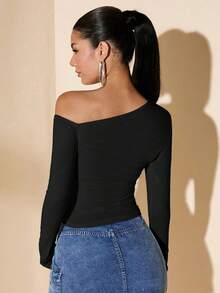 Women's Minimalist Asymmetric Shoulder Long Sleeve Fitted T-Shirt Top, Everyday Wear, Fall/Winter - 黑色 - 查看 2