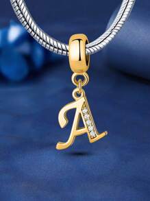 1pc 925 Sterling Silver 26 Letter Beaded Pendant, Suitable For Women Bracelet, Bangle DIY Jewelry Making, Anniversary Gift, Elegant Women Jewelry - Gold - View 8