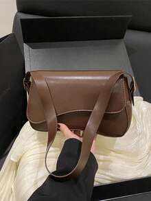1pc Minimalist Solid Color Flap Shoulder Bag, Classic Textured Crossbody Bag, Women Handbag - Coffee - View 9