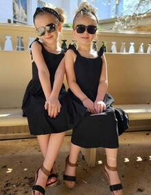 Girls' Summer Dress - Square Neck & Ruffle Sleeve A-Line Swing Dress| Tie-Back Midi Casual Dress With Pockets| Lightweight & Breezy Outfit - 黑色 - 查看 6