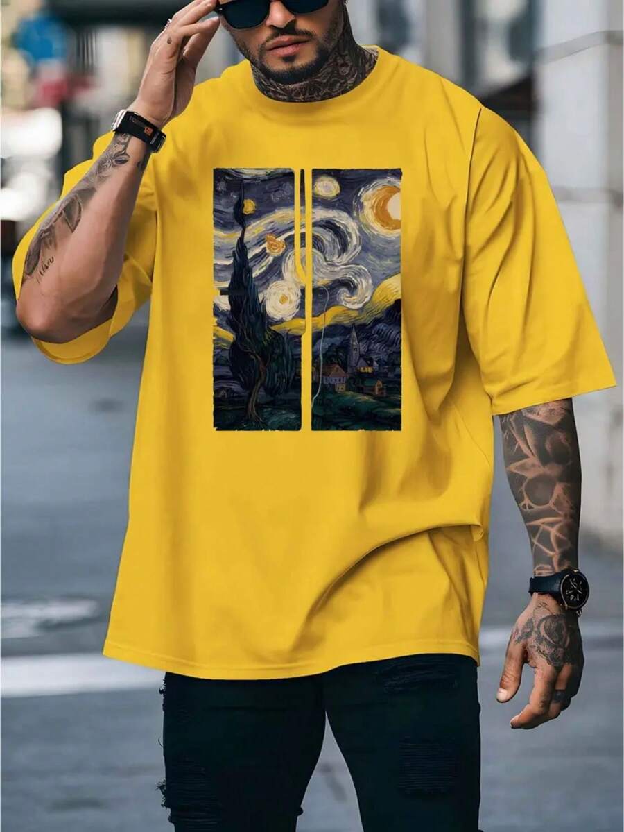 Men's Cotton T-Shirt Painting Collection Starry Night Van Gogh Streetwear Cheap Premium Fashion - 黃色 - 查看 1