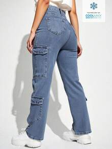 Pantalones vaqueros cargo de tiro alto en azul claro, corte holgado y amplio, suaves y elásticos, versátiles para looks casuales - Lavado ligero - Ver 2