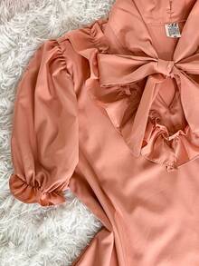 SHORT SLEEVE PUFFED DRESS TOP WITH RUFFLE AND BOW, WOMEN'S FASHION - Baby Pink - View 5