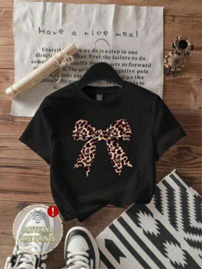 NAO Playera Mujer Cuello Redondo Estampada, Moño Animal Print,  Casual    Algodón