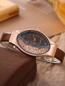 1 件女士时尚优雅可爱椭圆形表盘流光水晶皮革表带石英腕表 - 棕色 - 查看 2