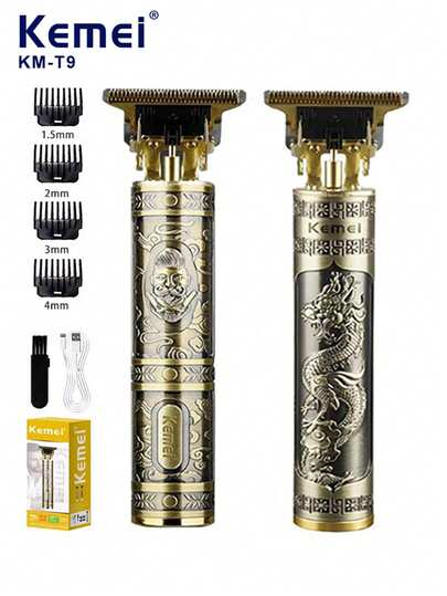 Kemei KM-T9 电动理发机 男友礼物 专业理发器套装 USB 充电式迷你胡须修剪器 0mm 雕刻剪 复古合金机身 1 件