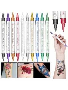 10 Colores Bolígrafos Temporales de Tatuaje Metálicos de Doble Punta, Aptos para Piel, Marcadores de Tatuaje Lavables, Pegatinas Flexibles para el Body, Kit Seguro de Pintura Facial - 10 colores - Ver 2