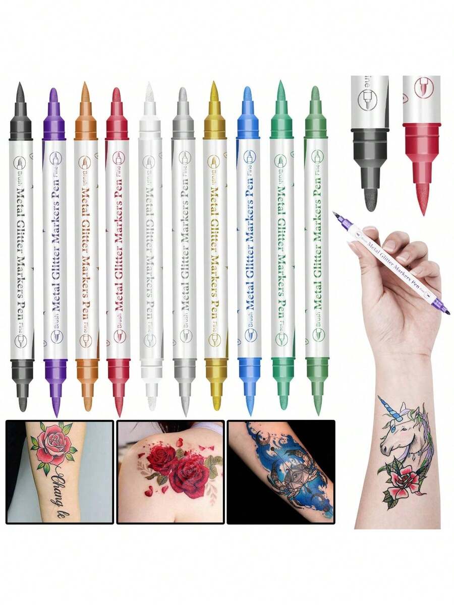 10 Colores Bolígrafos Temporales de Tatuaje Metálicos de Doble Punta, Aptos para Piel, Marcadores de Tatuaje Lavables, Pegatinas Flexibles para el Body, Kit Seguro de Pintura Facial