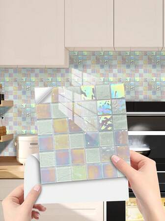 20片马赛克风格水晶膜保护自粘防水乙烯基亮面方形壁纸（10/15/20/30厘米）- 4种可爱图案：蓝色调、乳白色、彩虹闪光和柔和混色！每套壁纸均采用相同设计，撕下后呈现高光效果。非常适合家居装饰、房间装饰、墙面装饰等。
