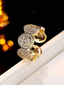 1 buc Inel decorativ minimalist la modă, rotund, cu față zâmbitoare, placat cu cupru, aur, zirconiu cubic, potrivit pentru ținute de petrecere pentru femei