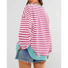 Womens Oversized Striped Sweatshirt Crewneck Long Sleeve Pullover Top Casual Y2K Spring Clothes 2026 Workout Shirt,Vacation Outfits Women,Valentine Outfits For Women,Street Photography - Pink White - 查看 2
