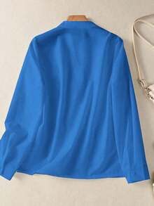 女士纯色V领纽扣衬衫 - 长袖休闲优雅衬衫，带口袋设计，适合度假、旅行和日常穿着，四季必备单品，春季必备 - 藍色 - 查看 4