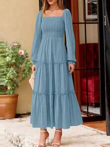 PRETTYGARDEN Women Elegant  Maxi Dresses For Fall Boho Long Sleeve Smocked A Line Ruffle  Wedding Guest Holiday Party Long Dress With Pockets New Years Valentine Vacation Spring Dresses For Women Vestidos Elegantes De Mujer - 灰藍 - 查看 8