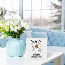 Letrero decorativo de fantasmas blancos de Halloween - Decoración de escritorio de oficina linda, decoración de habitación bohemia, decoración de pared de estilo granja para suministros de fiesta de Halloween