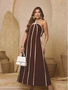 Women's Premium Halter Neck Long Striped Dress With Tie H-13 - 咖啡棕 - 查看 2