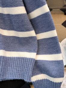 秋冬女士条纹立领套头衫高端简约时尚毛衣、长袖上衣 - 霧霾藍 - 查看 7