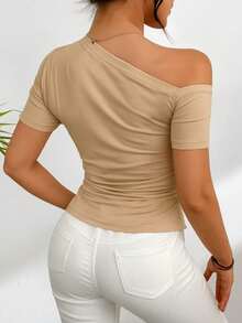 Supex Mesh T-Shirt Blouse With Asymmetrical Short Sleeves For Summer, Ideal For Casual, Comfortable And Elegant Use - 米色 - 查看 2