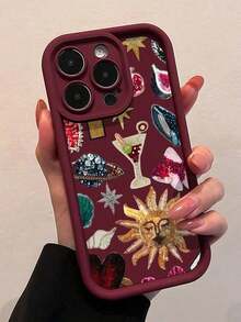 Retro 1 Piece Padded Rhinestone & Garnet Integrated  Shockproof Phone Case Compatible With Apple 16, 15, 14, 13, 12, 11 Pro Max And Series, Waterproof, Shockproof, Scratch-Resistant - Burgundy - View 1