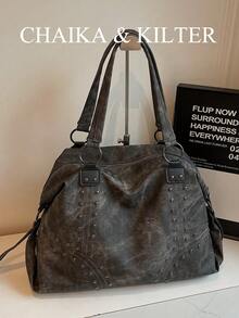 CHAIKA & KILTER 1pc Solid Color PU Fabric Shoulder Bag, Women's Vintage Casual Large Capacity Tote Bag, College Student Book Bag, Stitching Rivet Decor Dual Handle Design, Zipper Closure, Suitable For Daily Shopping, New Arrival Tote Bags For Woman , Office Bag