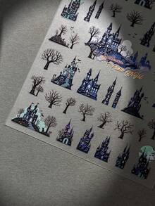 1 pieza Pegatina de arte de uñas en 3D de la serie de Halloween con Castillo Oscuro y Árbol Espeluznante, apta para salones de uñas y uso personal - Multicolor - Ver 3