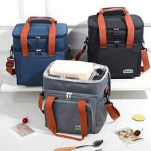 Large Shoulder Strap Insulated Lunch Box With Zipper, Double-Deck For Travel, Camping, Hiking, Cycling, Outdoor Activities - 黑色 - 查看 2