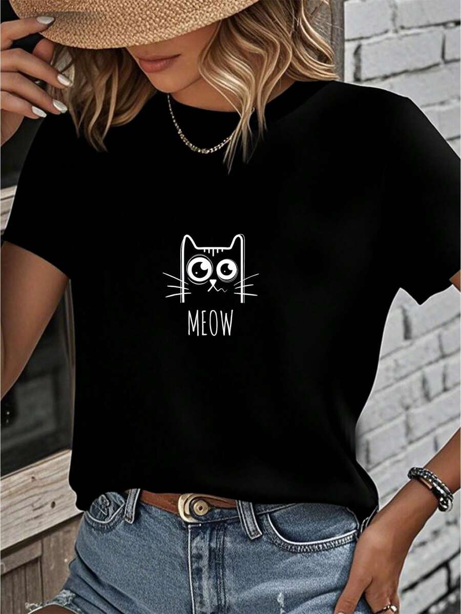 Meow Cat Meow Kitty Cute Cats Mom And Cat Dad T-Shirt Graphic Tees Women Crop Tops Summer Outfits For Women Summer Tops T-Shirt - Black - View 1