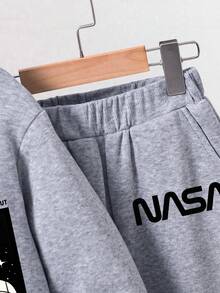 Tween Boy Letter Print Warm Hoodie And Sweatpants Set