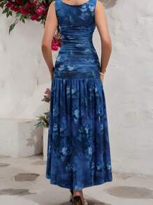 Ruched Cowl A-Line Spandex Maxi Dress - 藍色 - 查看 2