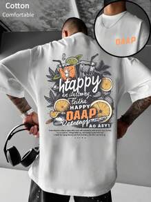 罗纹纯棉男女通用T恤，纯色，简约时尚，时尚英文文字，饮料涂鸦印花，男女通用，垂坠感十足，时尚柔软舒适男女通用短袖上衣 - 白色 - 查看 1